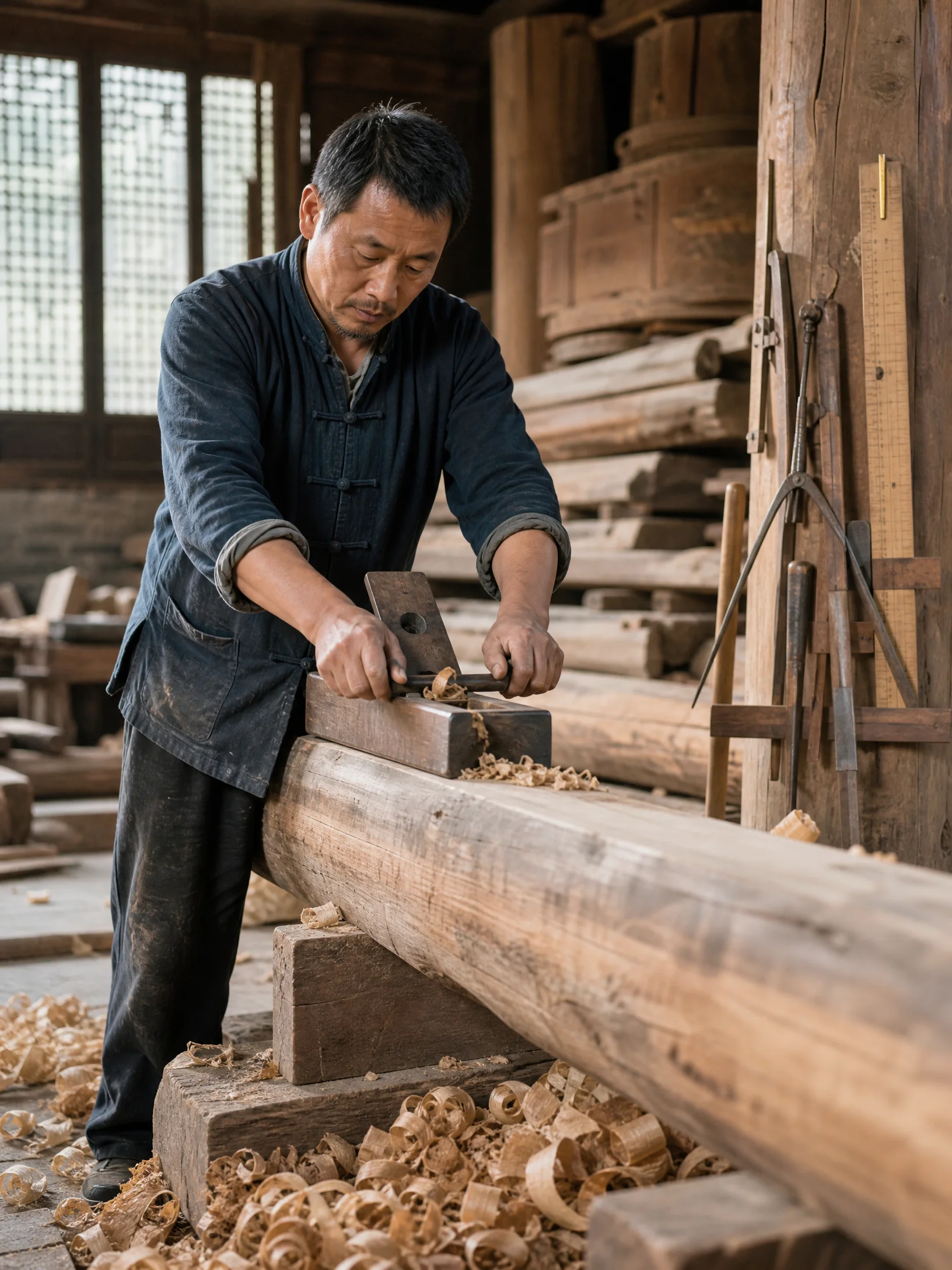 木作大师李师傅使用传统刨子加工木构件